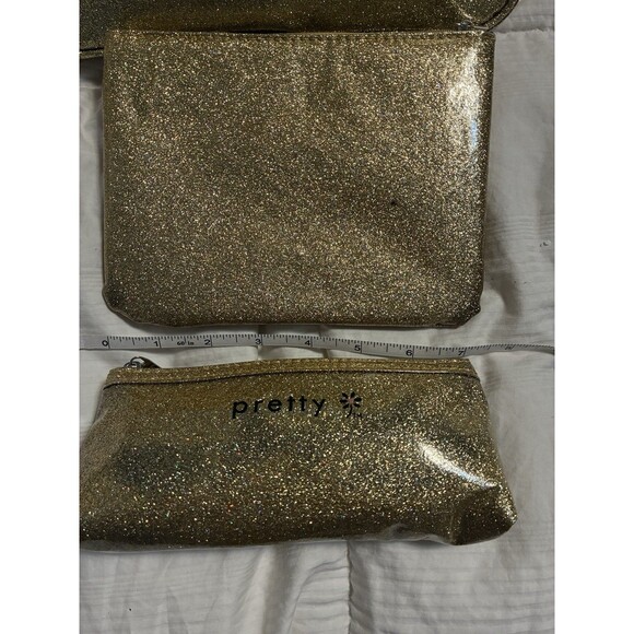 Pretty 3 Piece Make-up Bag Set Gold Glittery Pouch Cosmetic - Picture 5 of 16